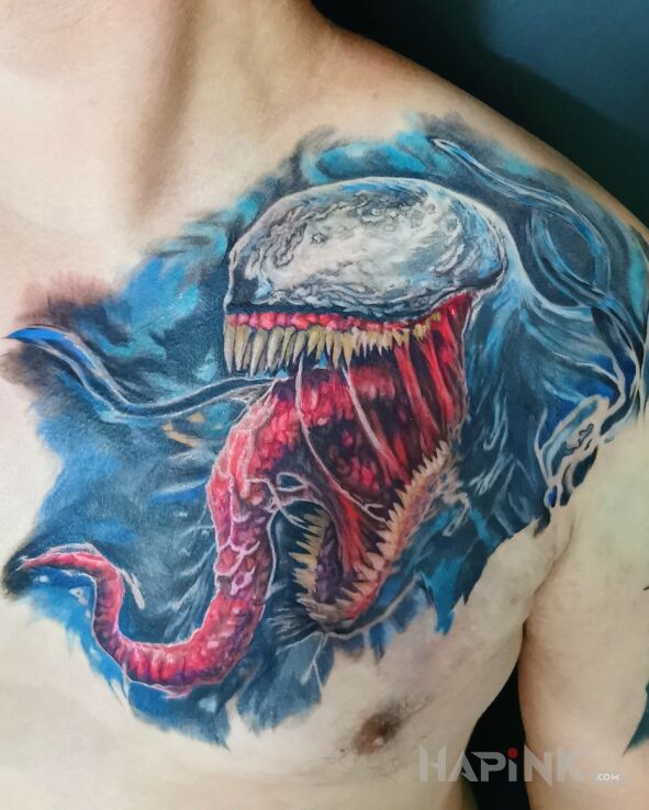 Tattoo Venom in characters motif and cartoon / comic book style on the chest