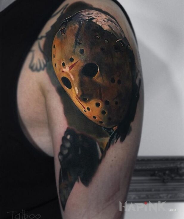 Tattoo Piątek 13 in 3D motif and realistic style on the upper arm