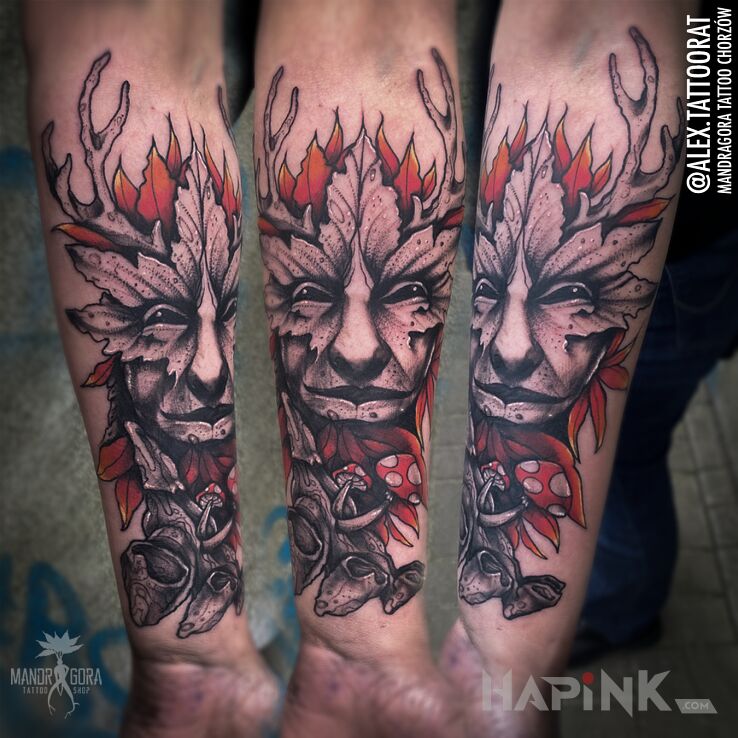 Tattoo Leszy in black and gray motif and graphic / illustrative style on the forearm