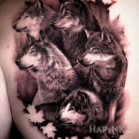 Tattoo Wolf pack on the back motif: animals style: realistic