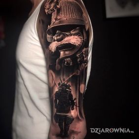 Tatuaż Wąsaty samuraj na ramieniu motyw: 3D styl: realistyczne