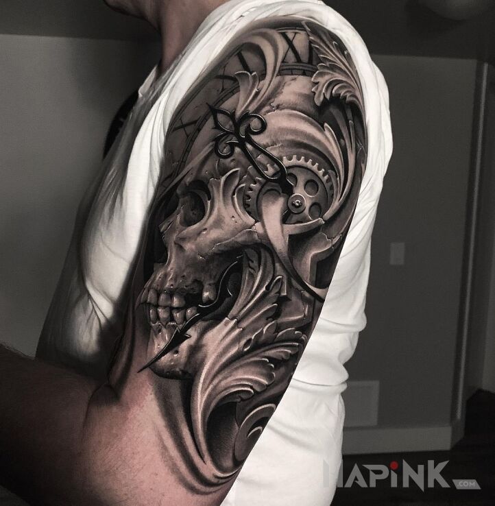 Tattoo Zegar w czaszce in skulls motif and realistic style on the upper arm