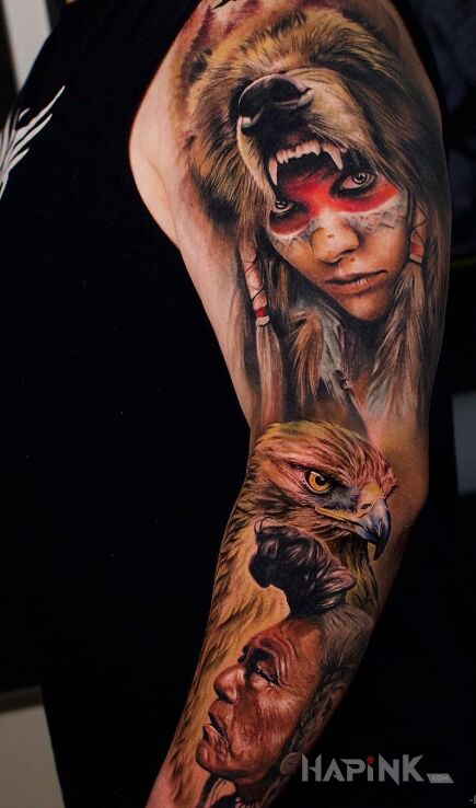 Tattoo Szamanka w skórze niedźwiedzia in Indian motif and realistic style On the arm