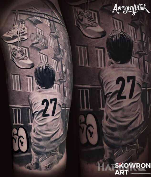 Tattoo Uwiecznienie miłości do pasji z dzieciństwa in characters motif and realistic style on the upper arm