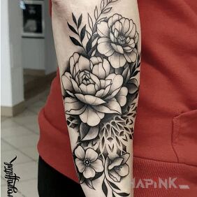 Tattoo Spring motifs On the arm motif: black and gray style: graphic / illustrative
