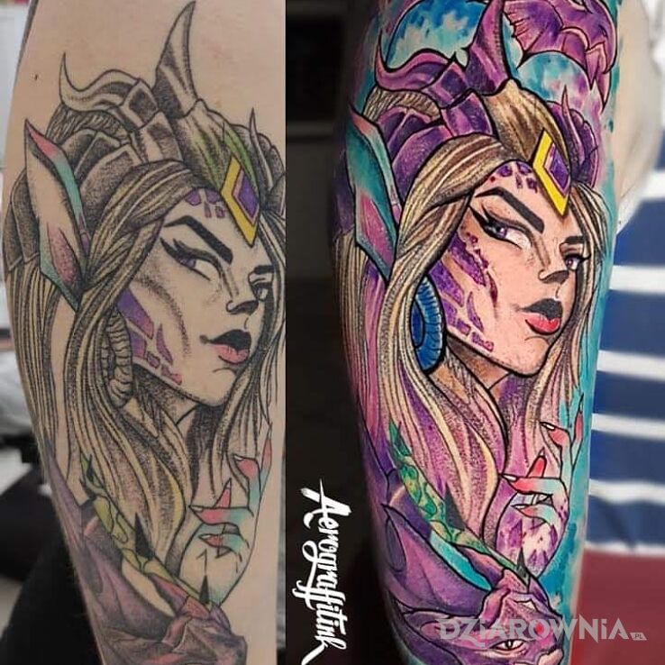 Tatuaż Refresh w motywie smoki i stylu watercolor na ramieniu
