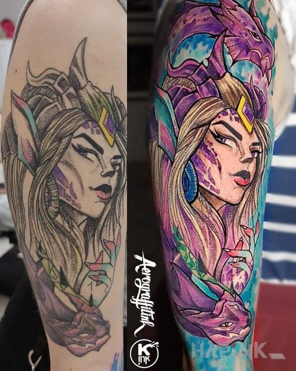 Tattoo Refresh in fantasy motif and cartoon / comic book style on the upper arm