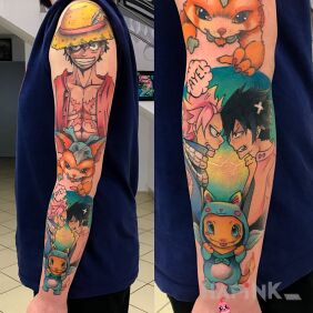 Tattoo Anime Sleeve on the upper arm motif: faces style: cartoon / comic book