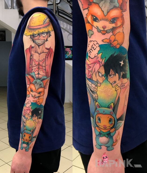Tattoo Rękaw Anime in colorful motif and cartoon / comic book style on the forearm