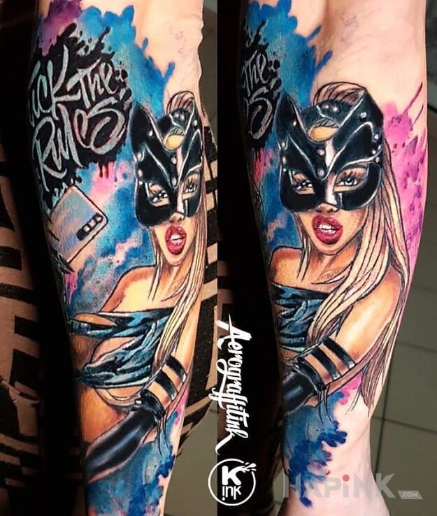 Tattoo Rules ?  No thanks! in characters motif and graphic / illustrative style on the forearm