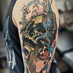 Tattoo Skull with a guitar on the upper arm motif: objects style: graphic / illustrative