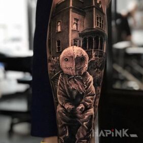 Tattoo Strange dude on the calf motif: dark style: realistic