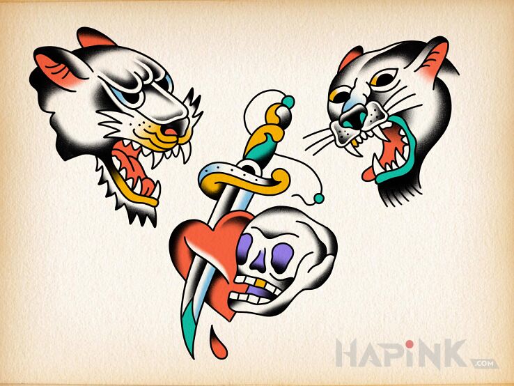 Designs pantera  czaszka  sztylet  serce - oldschool