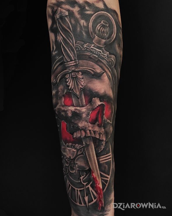 Tatuaż sztylet czaszka w motywie kolorowe i stylu realistyczne na ręce
