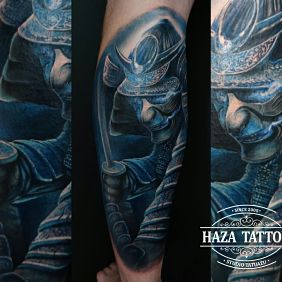 Tattoo Samurai on the calf motif: characters style: realistic