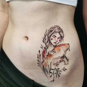 Tattoo Girl with a lioness on the stomach motif: animals style: graphic / illustrative