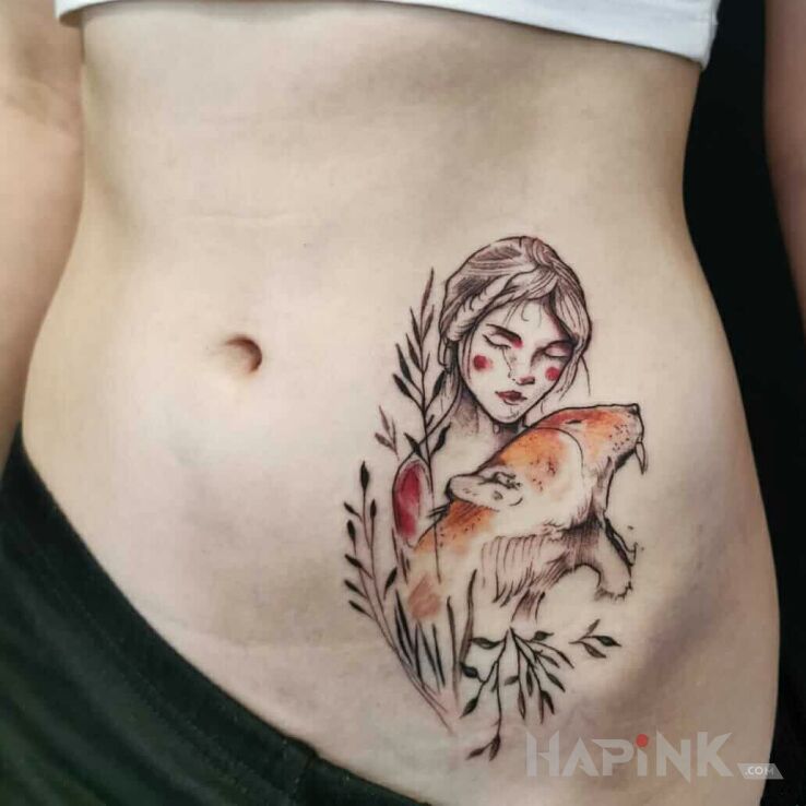 Tattoo Girl with a lioness in characters motif and graphic / illustrative style on the stomach