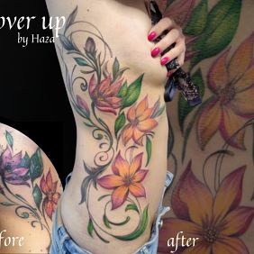 Tattoo Flower Cover Up on the ribs motif: colorful style: realistic