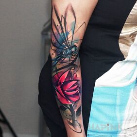 Tattoo Dragonfly and flower on the forearm motif: animals