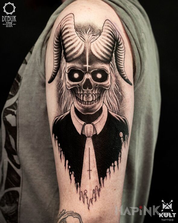 Tattoo DEVIL in dark motif and dotwork style On the arm