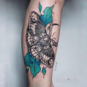 Tattoo Moth / Skull / Leaves on the calf motif: skulls style: graphic / illustrative