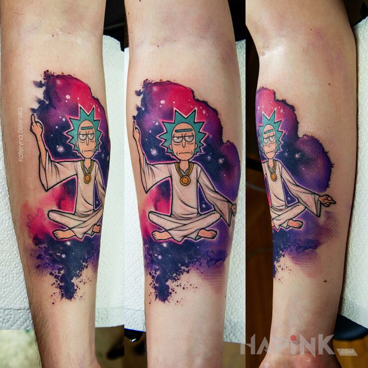 Tattoo Rick i Morty / Rick and Morthy in characters motif and Watercolor style on the forearm