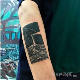 Tattoo Inspired by the movie "The Lighthouse" on the forearm motif: dark style: graphic / illustrative