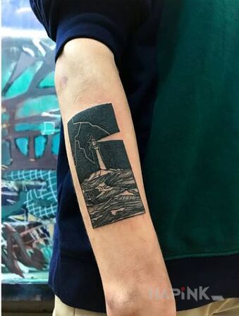 Tattoo Inspiracja filmem "The Lighthouse" in dark motif and blackwork / blackout style on the forearm