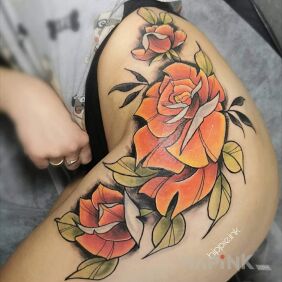 Tattoo Flowers on the thigh motif: colorful style: neo-traditional