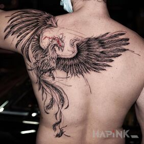 Tattoo Cossack phoenix on the shoulder motif: fantasy style: graphic / illustrative