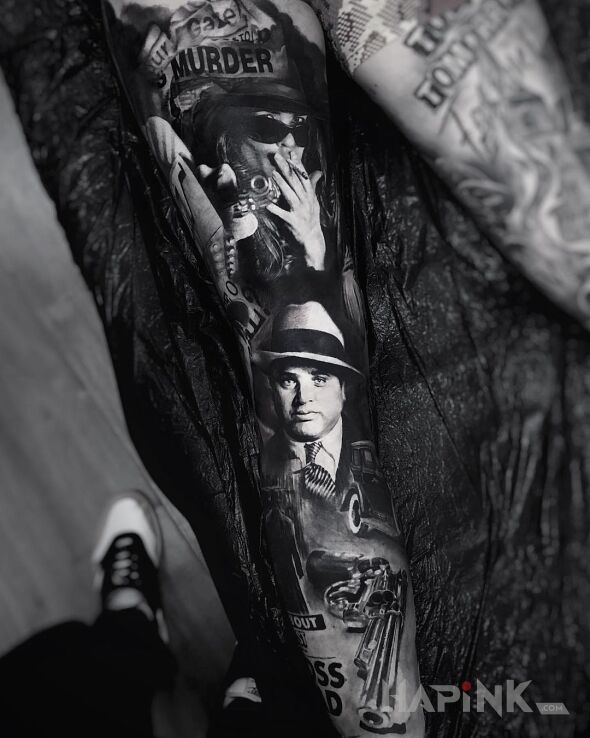 Tattoo Al Capone czyli król mafii in objects motif and realistic style On the arm