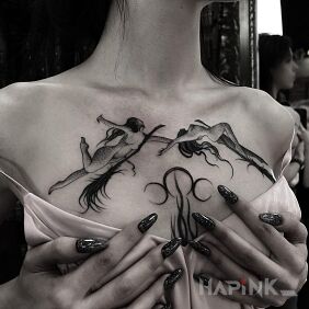 Tattoo Two witches on brooms on the chest motif: dark style: graphic / illustrative