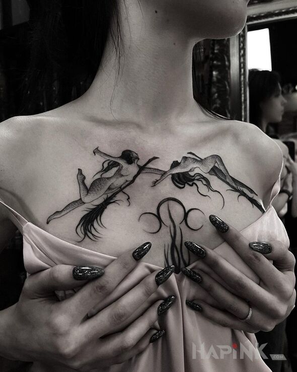 Tattoo Dwie wiedźmy na miotłach in black and gray motif and graphic / illustrative style on the chest