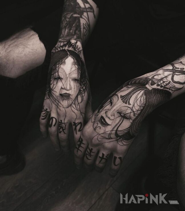 Tattoo Japońskie rysy twarzy in faces motif and graphic / illustrative style On the arm