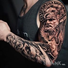 Tattoo Hercules in the lion's skin on the upper arm motif: sleeves style: realistic