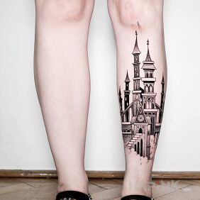 Tattoo Castle / Palace on the leg motif: other style: graphic / illustrative