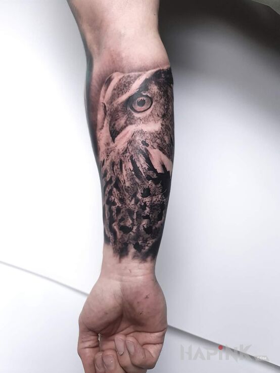Tattoo Sowa in animals motif and realistic style on the forearm