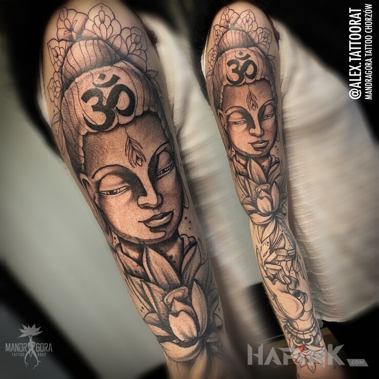 Tattoo Budda in sleeves motif and dotwork style On the arm