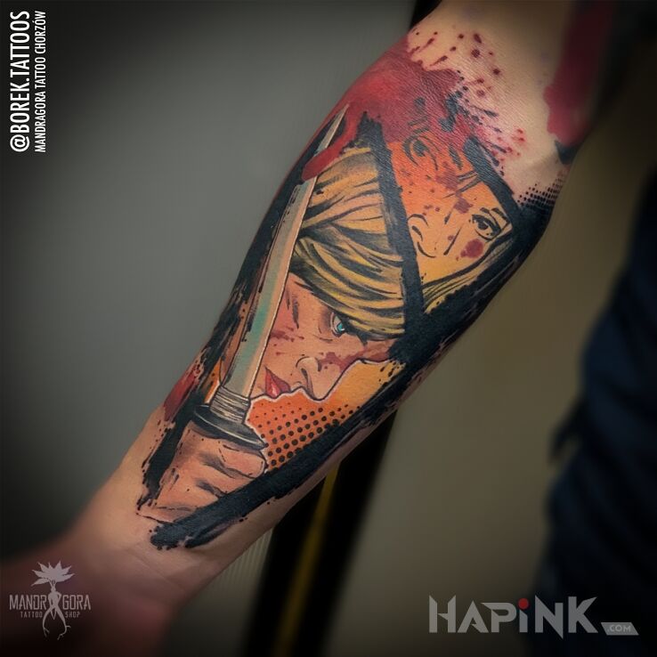 Tattoo Kill Bill in colorful motif and cartoon / comic book style on the forearm