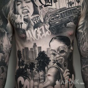 Tattoo California Los Angeles on the chest motif: black and gray style: chicano