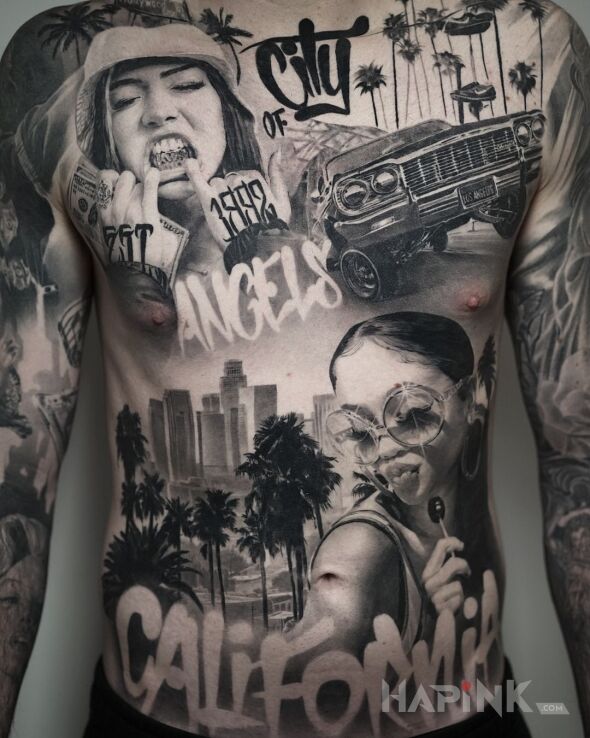 Tattoo California Los Angeles in black and gray motif and realistic style on the chest