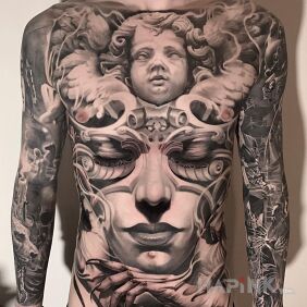 Tattoo Guardian Angel on the stomach motif: 3D style: realistic
