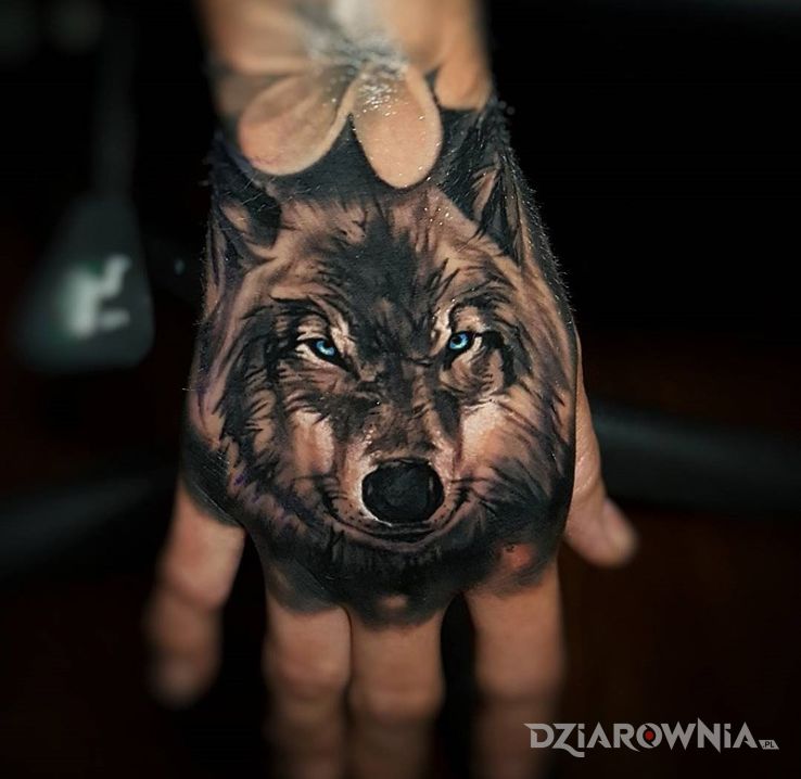 Tatuaż niebieskooki wilk w motywie zwierzęta na dłoni