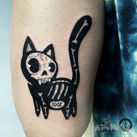 Tattoo Bonecat On the arm motif: black and gray style: blackwork / blackout