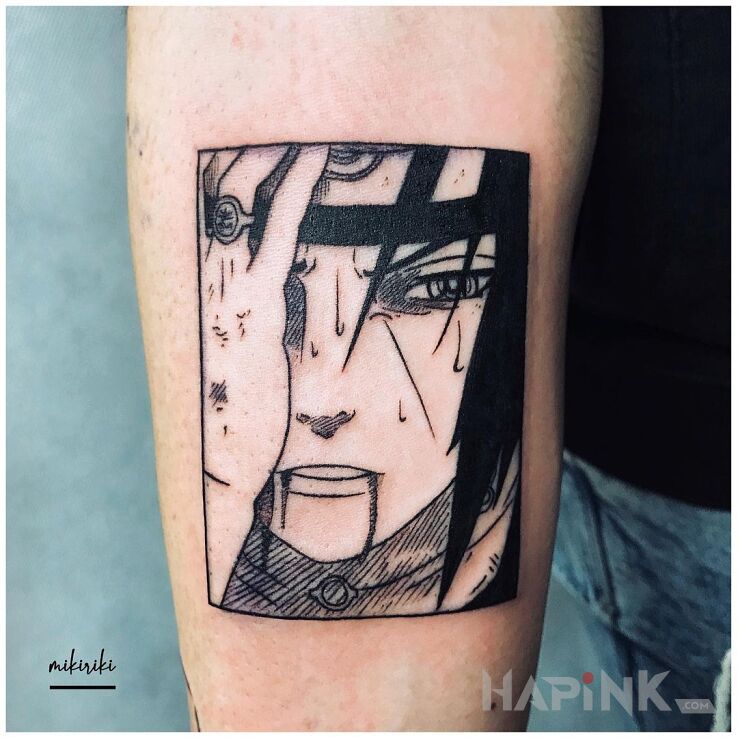 Tattoo Anime Itachi Uchiha in faces motif and graphic / illustrative style On the arm