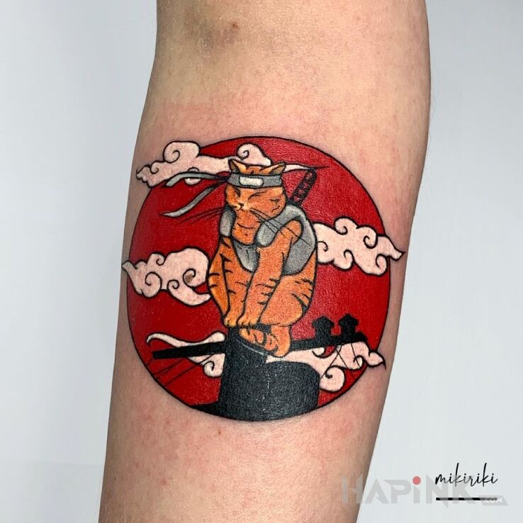 Tattoo Kot ninja in funny motif and graphic / illustrative style on the forearm