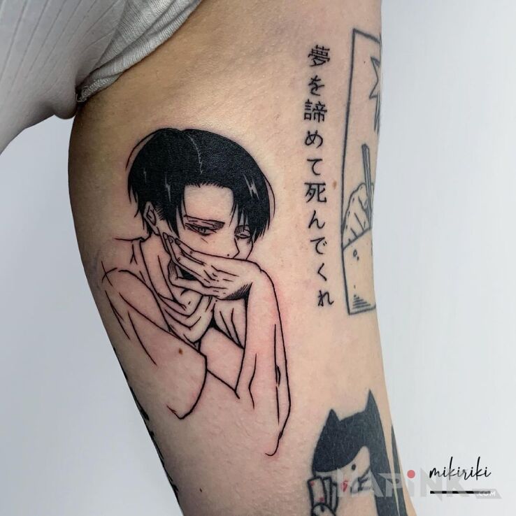 Tattoo Levi Ackerman in manga / anime motif and contour / linework style on the bicep