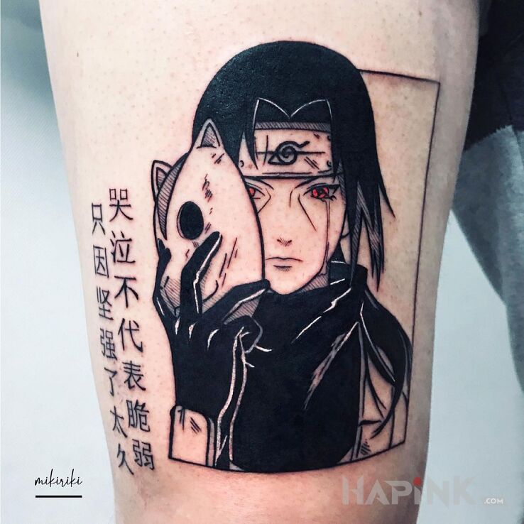 Tattoo Itachi Uchiha in black and gray motif and graphic / illustrative style on the leg