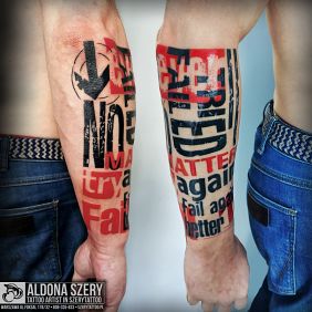 Tattoo Text puzzle on the forearm motif: colorful style: trash polka