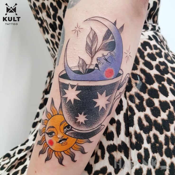 Tattoo NIEBO in colorful motif and graphic / illustrative style On the arm